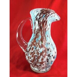 French Ribbed Vase Clichy Carafe Pitcher Style Blue & Brown Vintage Art Glass